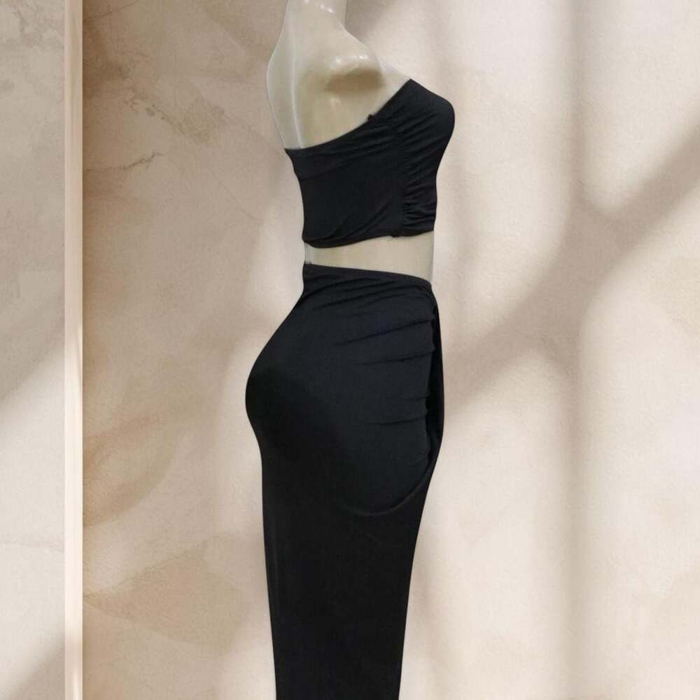 Black Two Piece Set β Strapless Top & Draped Maxi Skirt Gold Detail Sexy β§ M - Picture 3 of 4